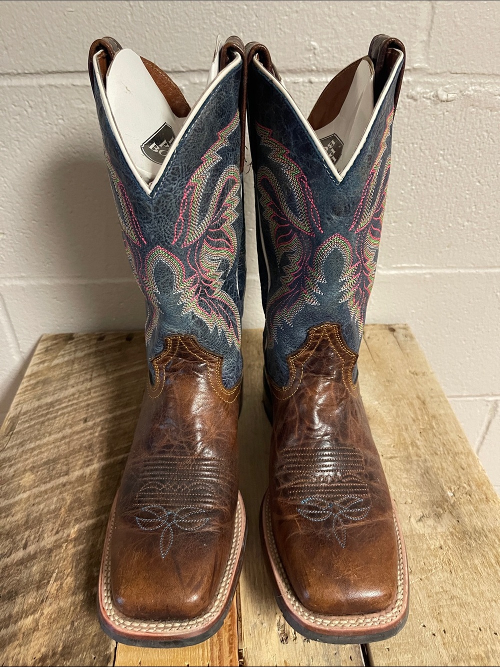 Dan Post Brown Foot & Blue Embroidered Shaft Cowboy Boots